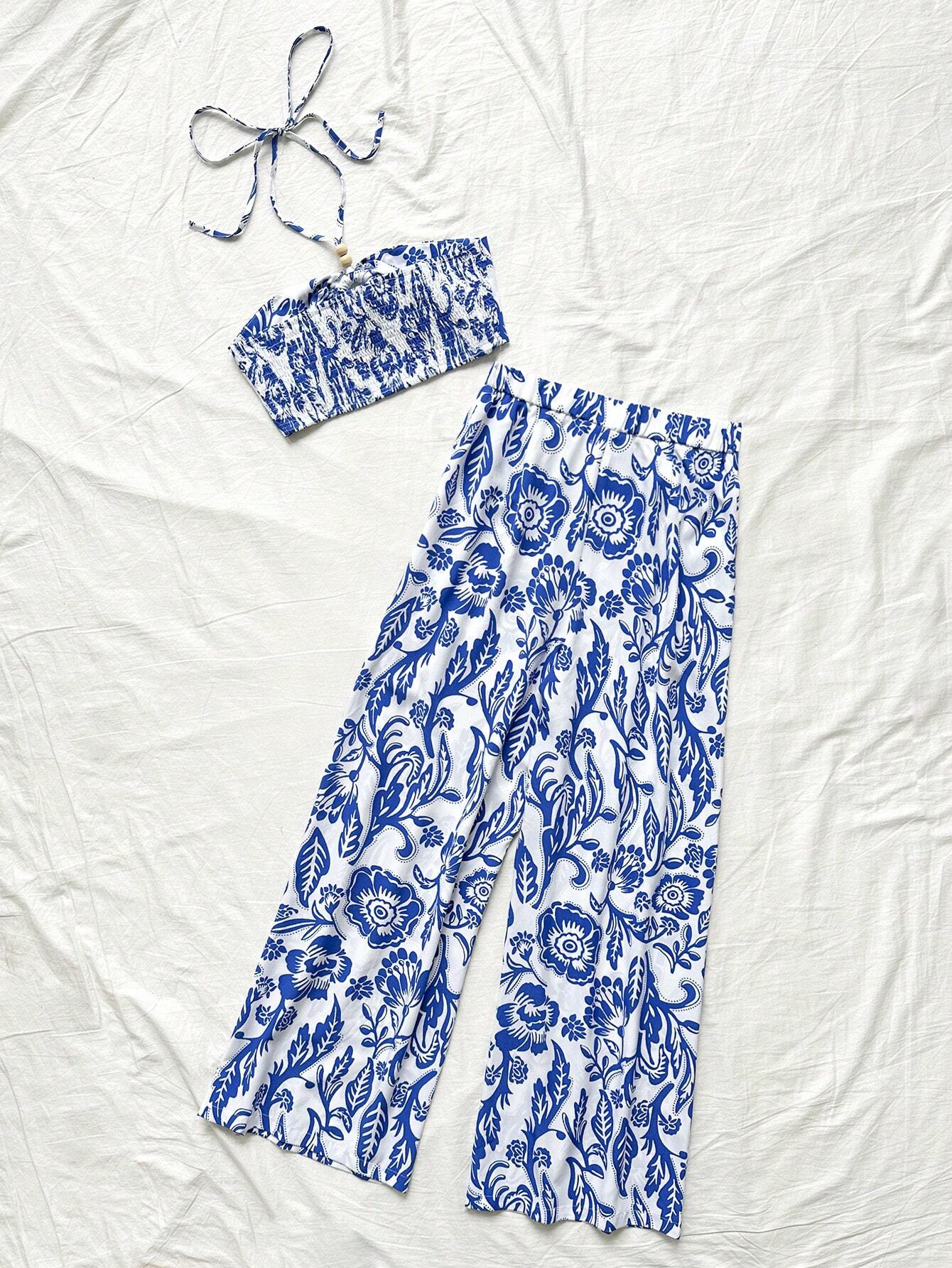 Soleia Set de 2 piezas para mujer con top bata y pantalones de pierna ancha, con estampado azul y blanco en estilo bohemio y de festival de música - Imagen 5