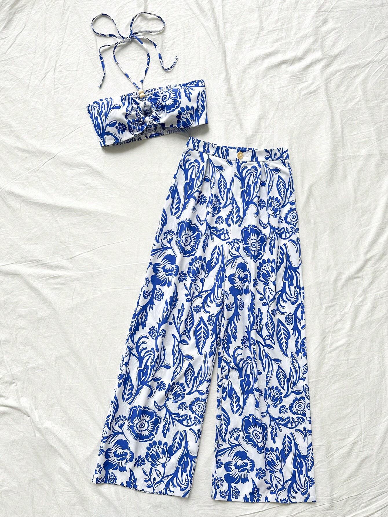 Soleia Set de 2 piezas para mujer con top bata y pantalones de pierna ancha, con estampado azul y blanco en estilo bohemio y de festival de música - Imagen 4