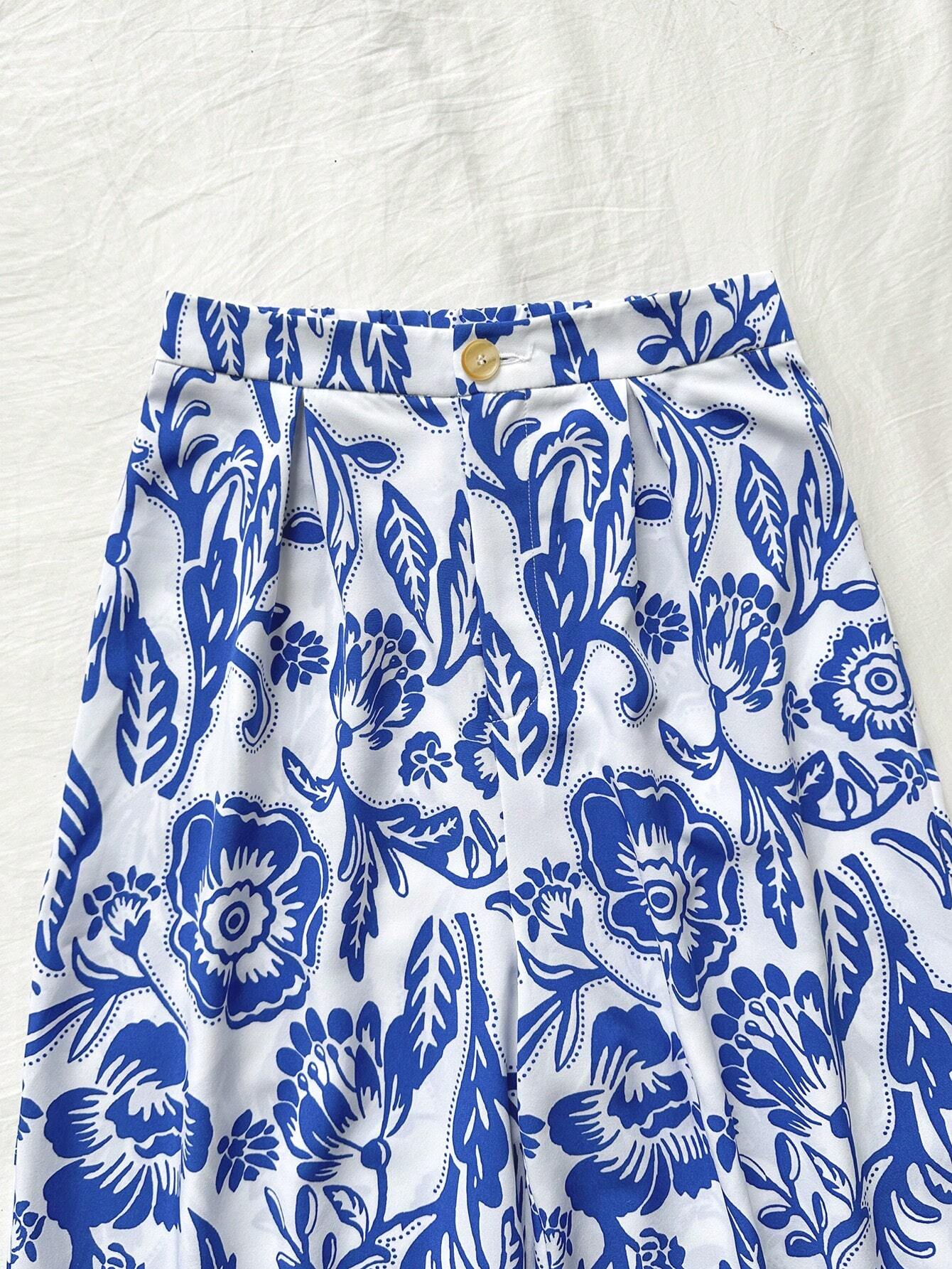 Soleia Set de 2 piezas para mujer con top bata y pantalones de pierna ancha, con estampado azul y blanco en estilo bohemio y de festival de música - Imagen 3