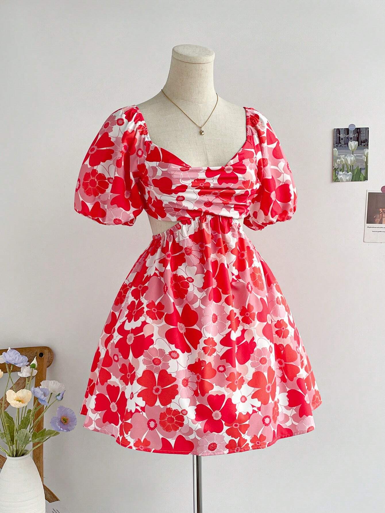 Soleia Vestido A-Line corto de manga abullonada con estampado floral de vacaciones para mujer con espalda descubierta - Imagen 5
