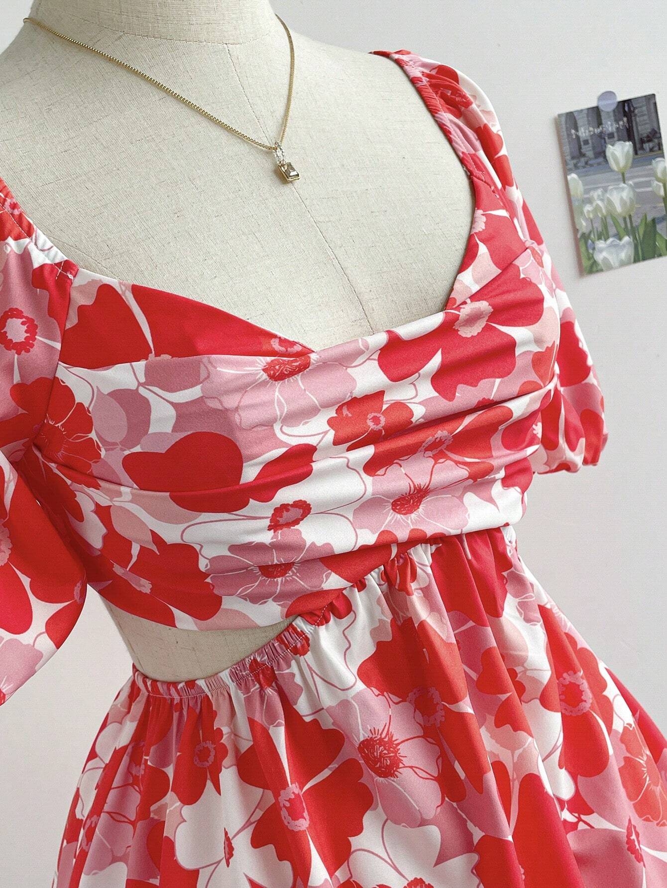Soleia Vestido A-Line corto de manga abullonada con estampado floral de vacaciones para mujer con espalda descubierta - Imagen 3
