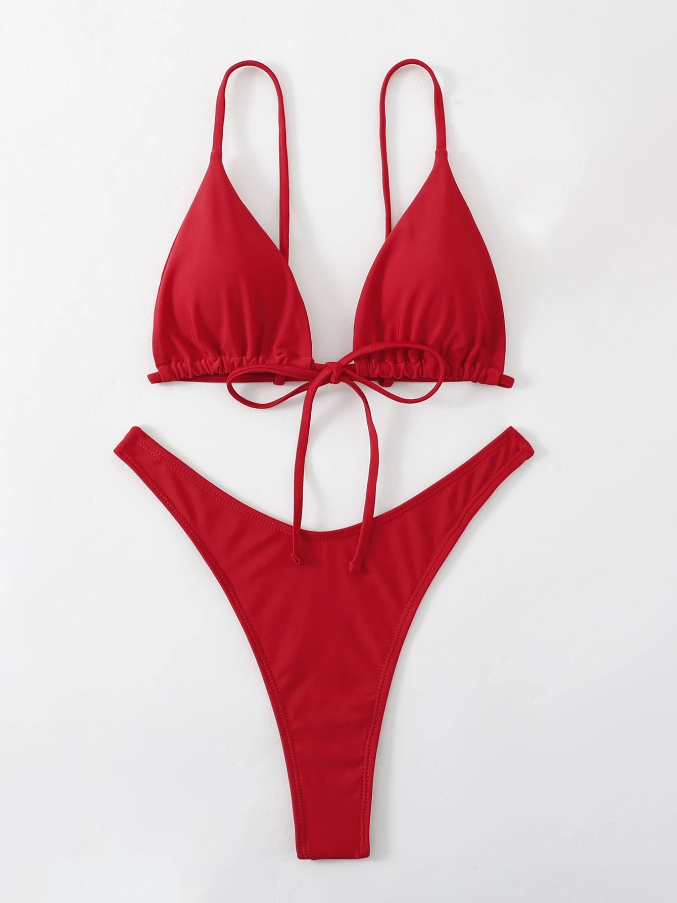 Swim Basics Conjunto de bikini unicolor con lazo en la parte delantera, sujetador triangular y tang - Imagen 6