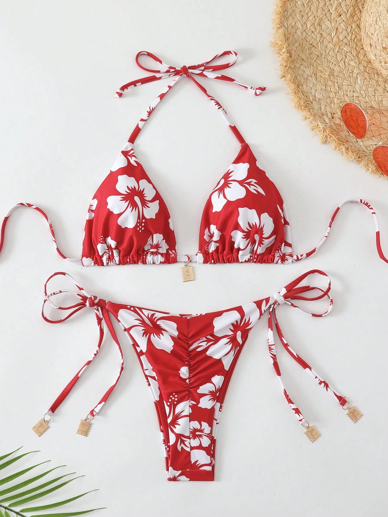 Swim Mod Set de bikini de 2 piezas con estampado aleatorio, top con tirantes y espalda descubierta y shorts de natación con atadura lateral, para playa y vacaciones de verano - Imagen 2