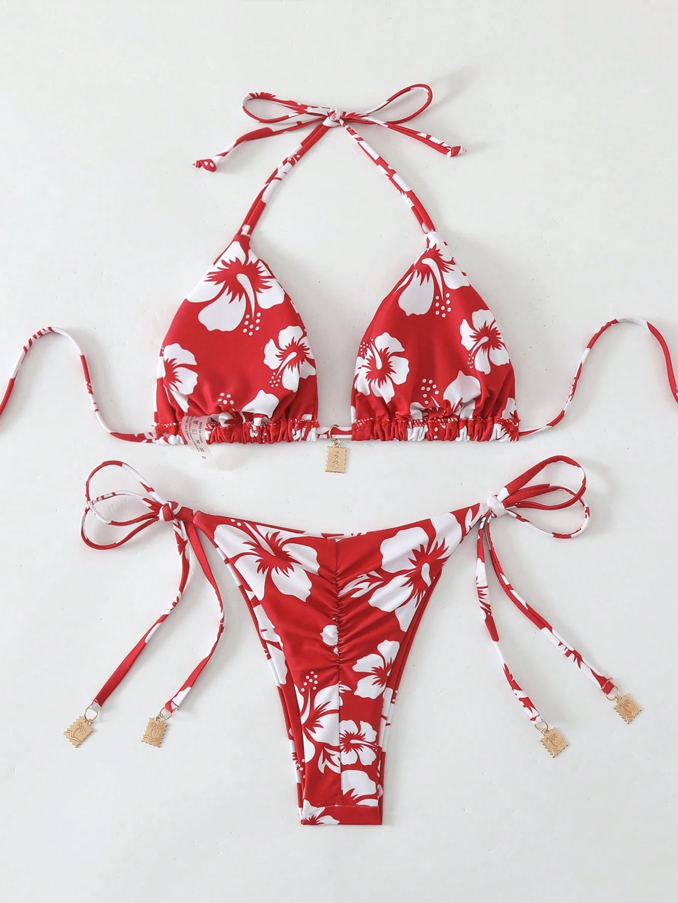 Swim Mod Set de bikini de 2 piezas con estampado aleatorio, top con tirantes y espalda descubierta y shorts de natación con atadura lateral, para playa y vacaciones de verano - Imagen 1