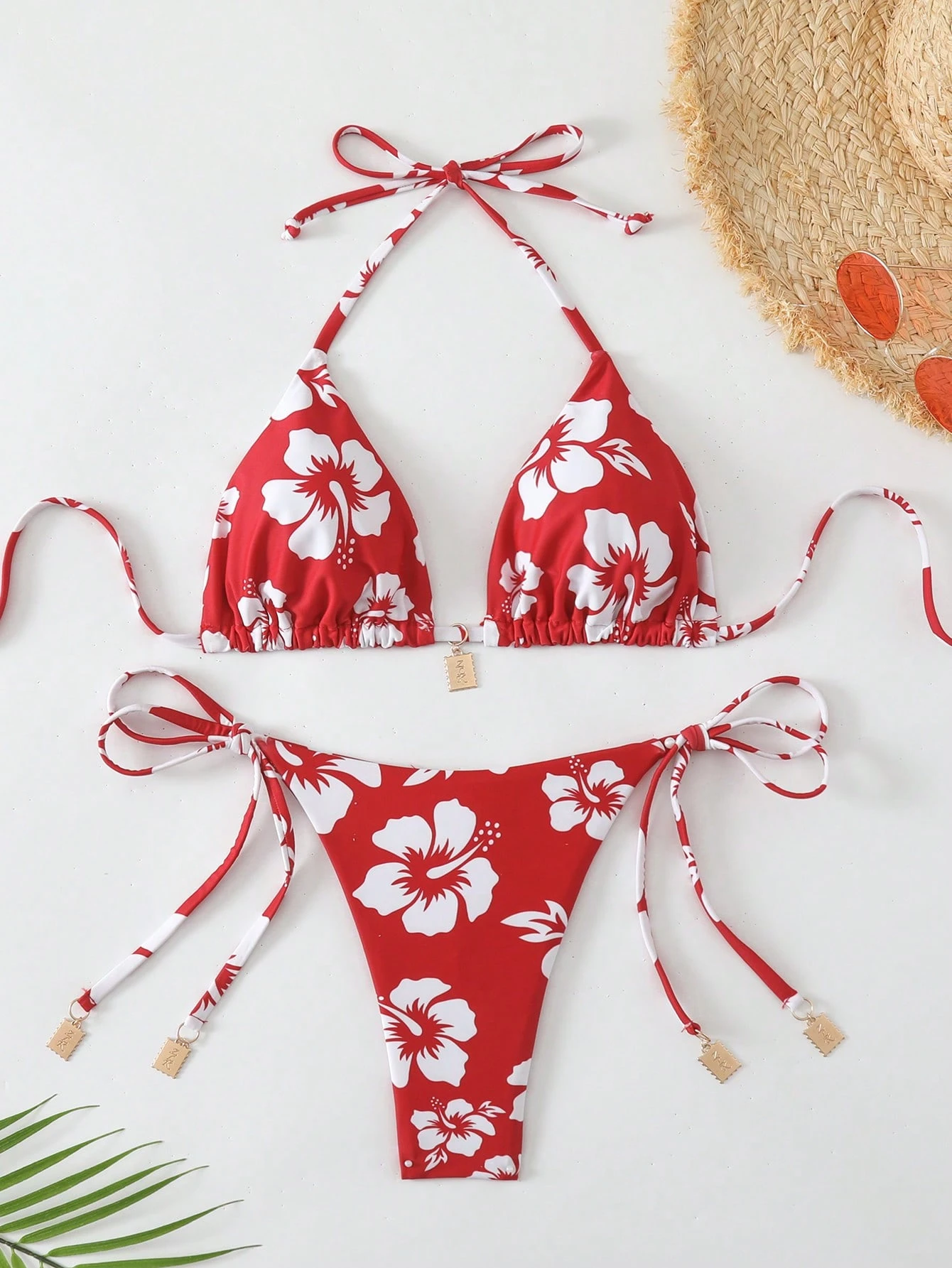 Swim Mod Set de bikini de 2 piezas con estampado aleatorio, top con tirantes y espalda descubierta y shorts de natación con atadura lateral, para playa y vacaciones de verano - Imagen 6