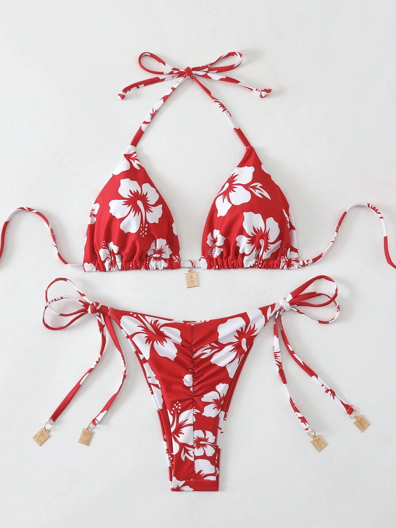 Swim Mod Set de bikini de 2 piezas con estampado aleatorio, top con tirantes y espalda descubierta y shorts de natación con atadura lateral, para playa y vacaciones de verano - Imagen 5