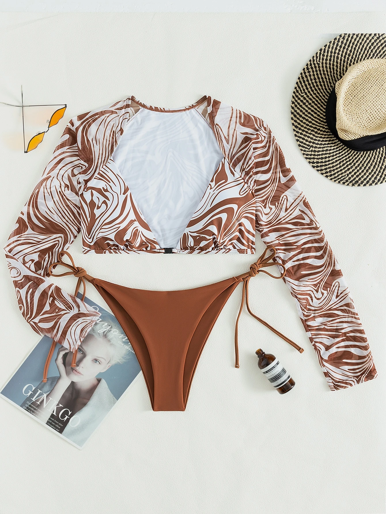 Swim SXY Conjunto de bikini de 2 piezas con parte superior de manga larga con detalle de copa y Botto - Imagen 2