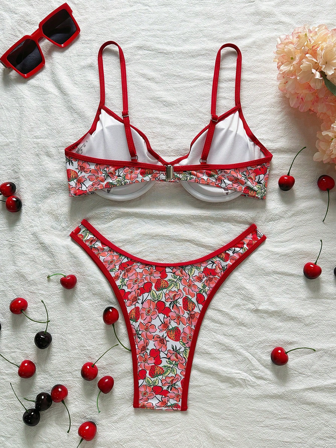 Swim SXY Conjuntos de playa de verano para mujeres: Bikini de 2 piezas con estampado de cerezas y fresas, con tirantes halter, en color rosa lindo - Imagen 2
