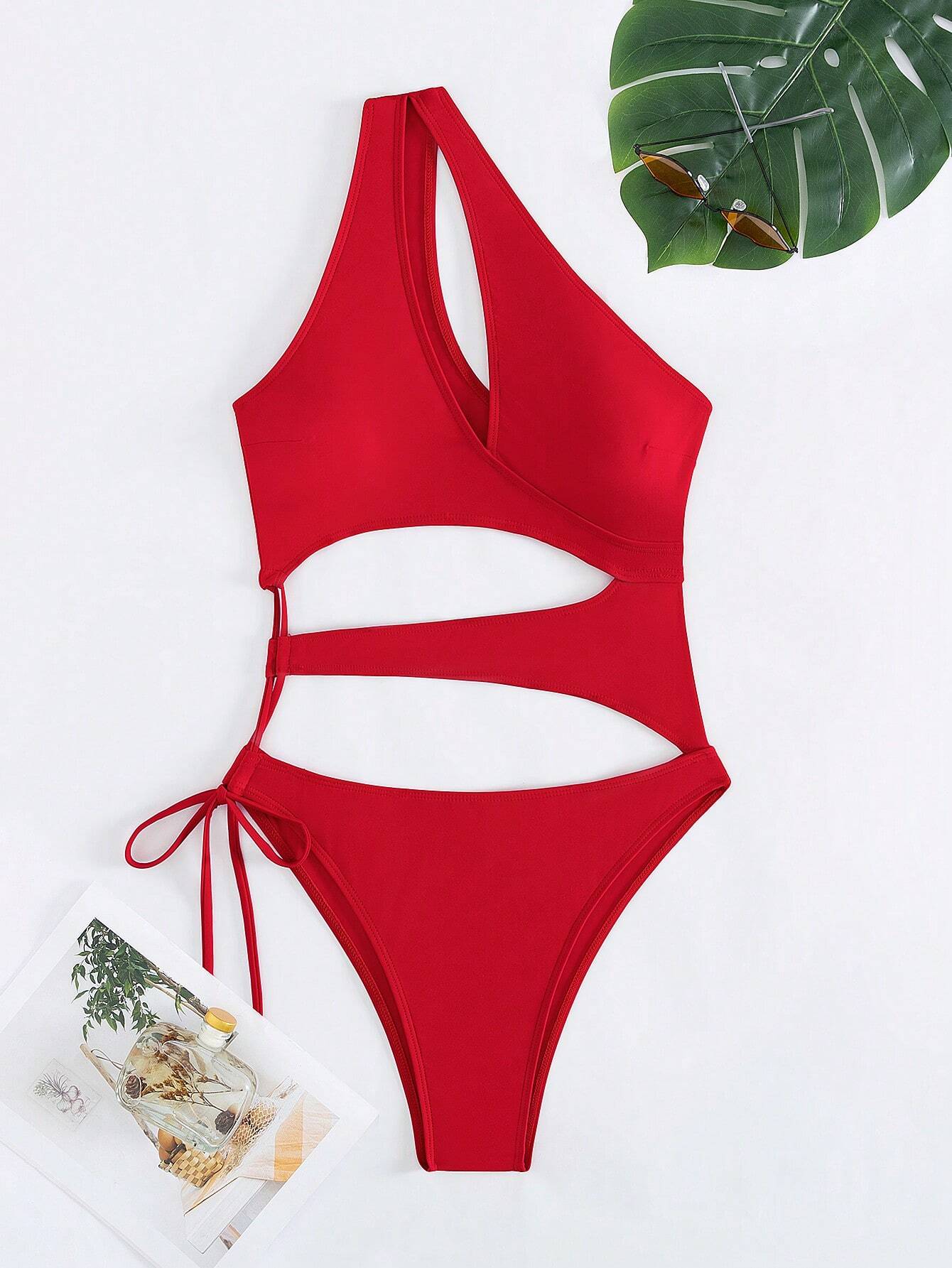 Traje de baño de un solo hombro con diseño recortado de unicolor, atuendo sexy de playa y vacaciones de verano para mujeres - Imagen 3