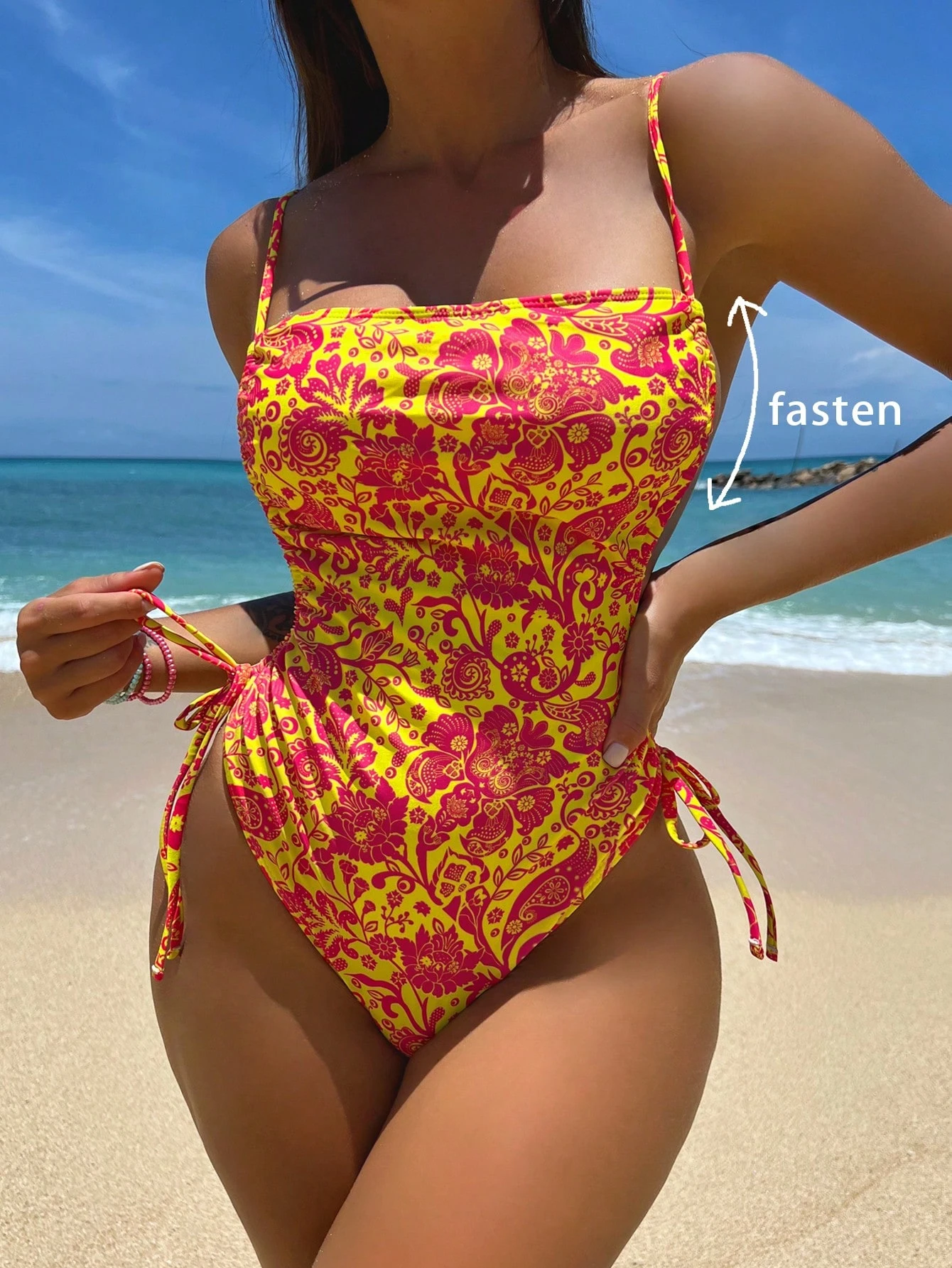 Traje de baño de una pieza sexy con estampado a contraste, recortes laterales con elástico y cordones para - Imagen 5