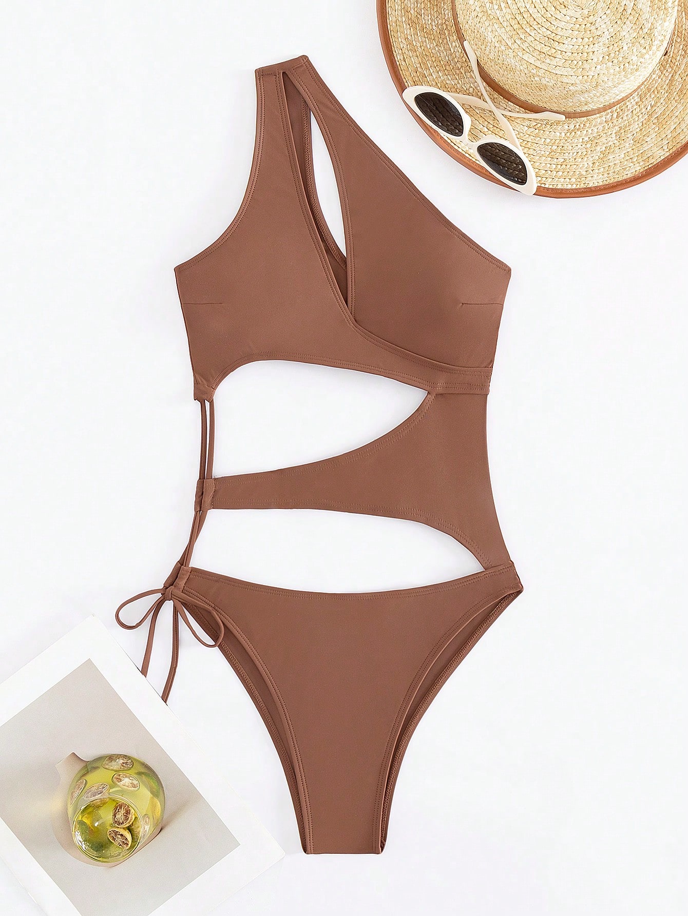 Traje de baño de una sola pieza con diseño de hombro descubierto, hueco y unicolor para vacaciones en la playa - Imagen 2