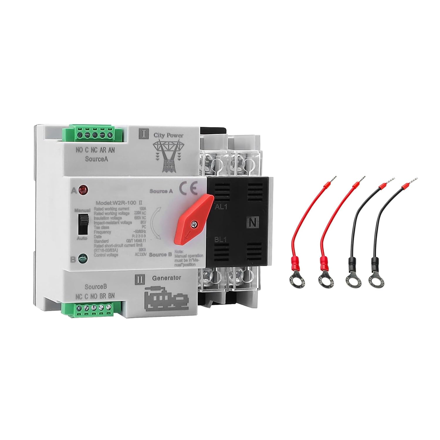 61ANrTNGuML._SL1500_-1.jpg Interruptor de Transferencia Automática ATS 100A 220V 2P – Cambio Automático/Manual para Generador, Sistema Solar y Energía Dual (Riel DIN) - Imagen 1