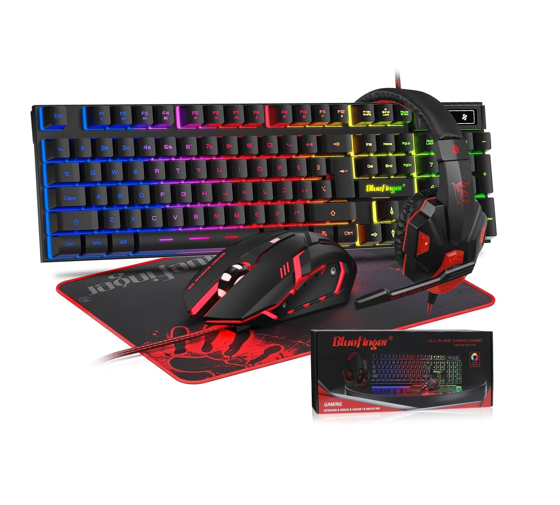 71m9lxVcSlL._AC_SL1500_.jpg BlueFinger Combo Gamer RGB 4 en 1 Teclado Retroiluminado + Mouse Gaming + Auriculares con Micrófono + Alfombrilla - Imagen 1