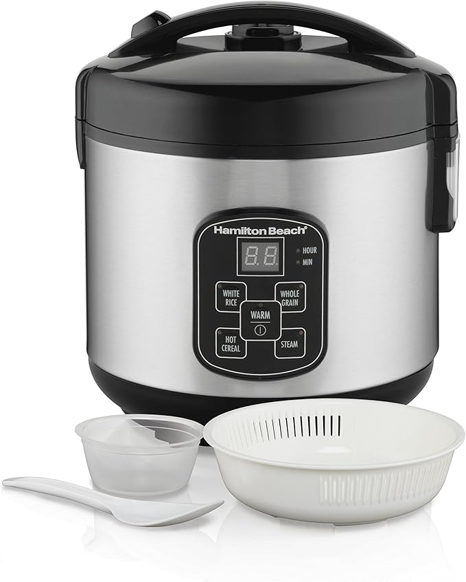 81DS0bClg0L._AC_SX679_.jpg Hamilton Beach - Olla arrocera programable digital y vaporizadora de alimentos, 8 tazas cocidas (4 en crudo) con cesta vaporizadora y de enjuague, acero inoxidable (37518) - Imagen 1