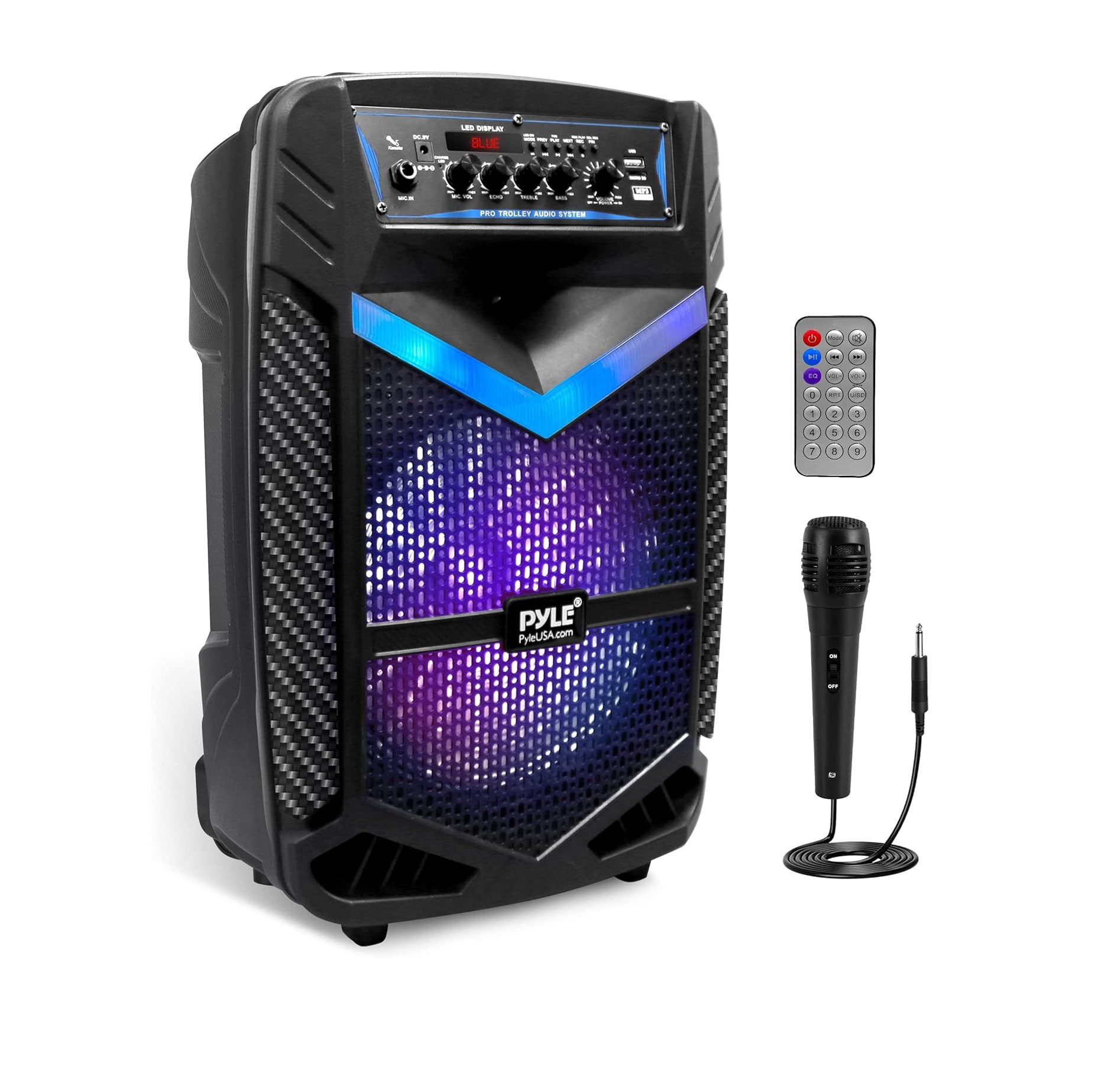 81MvrSQAFTL._AC_SL1500_.jpg Pyle Altavoz PA Bluetooth Portátil 600W – Subwoofer 10”, Micrófono, Grabación, Luces LED, USB/SD/FM - Imagen 1